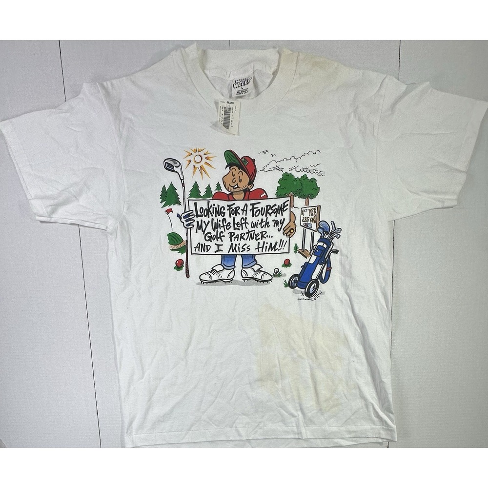 Vintage 90s Why Work Golf T-Shirt Funny Graphic Tee Made USA Men's Large Stained